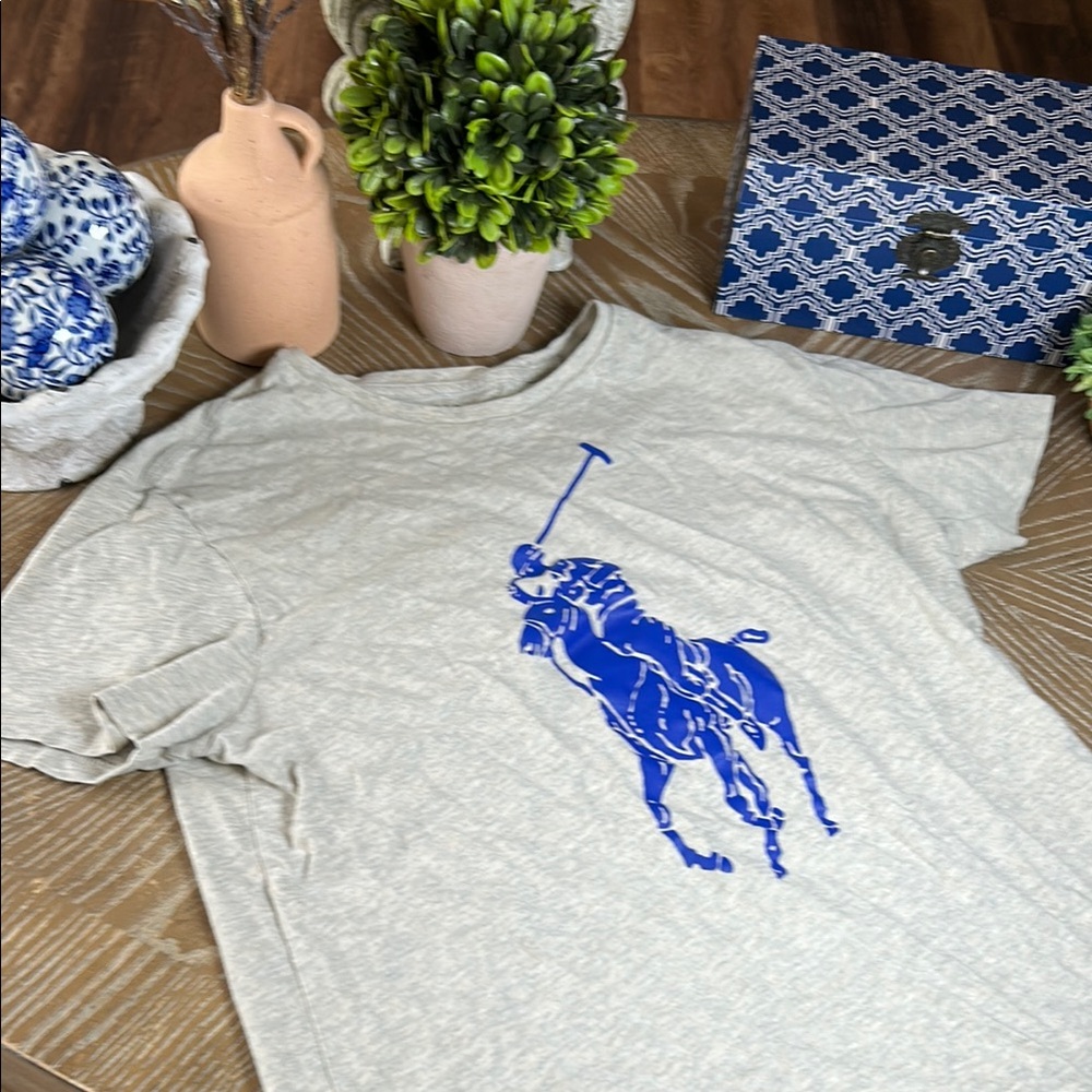 Mens Ralph Lauren Short Sleeve Polo Tee Oatmeal Gray with Large Blue Logo